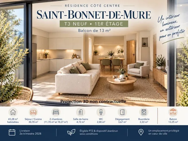 Saint-Bonnet-de-Mure - T3 neuf de 65 m² avec balcon de 13 m²