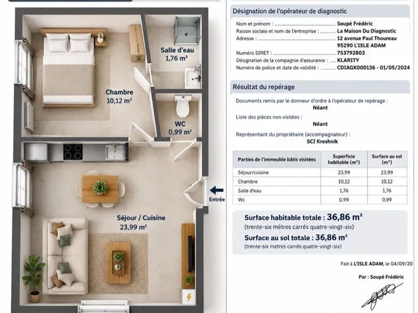 à louer - t2 meublé de 36,86 m² - climatisation réversible - méru centre
