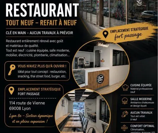 Fonds de commerce restaurant entièrement rénové - Lyon 8e - Emplacement stratégique