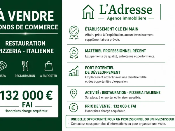 À VENDRE FONDS DE COMMERCE PIZZERIA / RESTAURATION ITALIENNE