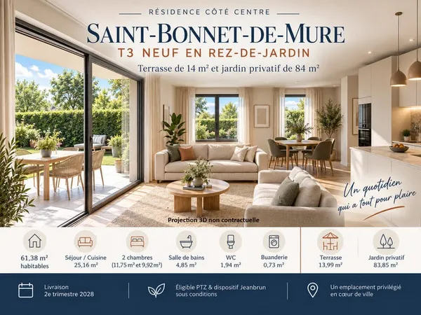 Saint-Bonnet-de-Mure - T3 neuf en rez-de-jardin, terrasse et j