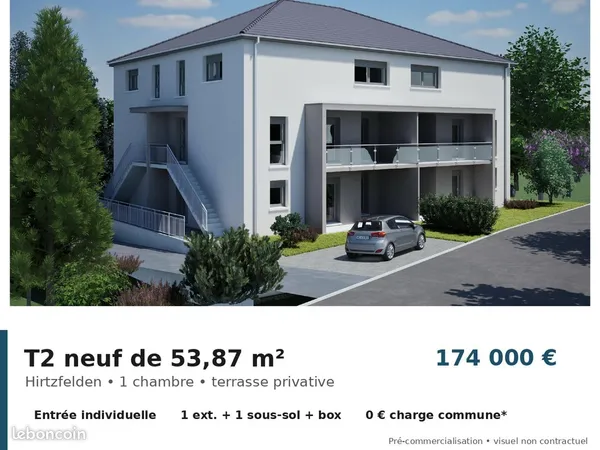 T2 neuf 53,87 m² + terrasse + parking + box - Hirtzfelden