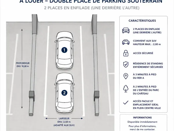 À louer - Double place de parking souterrain en plein coeur de Saint-Germain-en-Laye