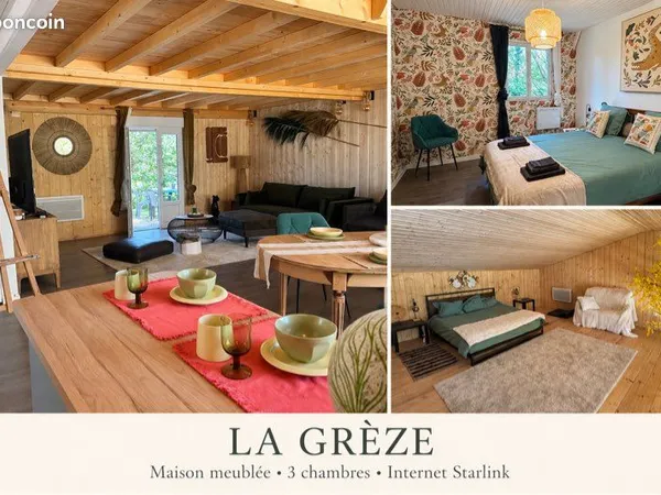 Maison meublée au mois 150 m², 3 chambres, Jardin, Internet Starlink