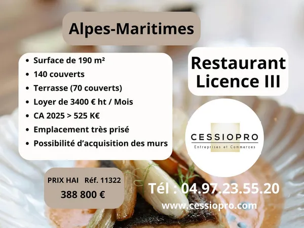ALPES MARITIMES : RESTAURANT AVEC LICENCE III - TERRASSE PRIVEE SUR JARDIN PARKING
