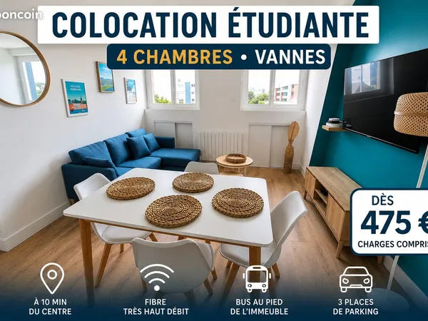 Colocation étudiante Vannes - Chambres meublées - Parking & Fibre