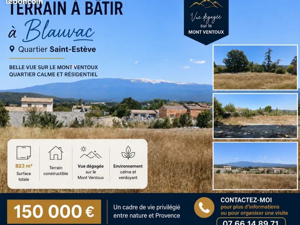 Terrain constructible viabilisé - 823 m² - Vue Mont Ventoux - 150 000