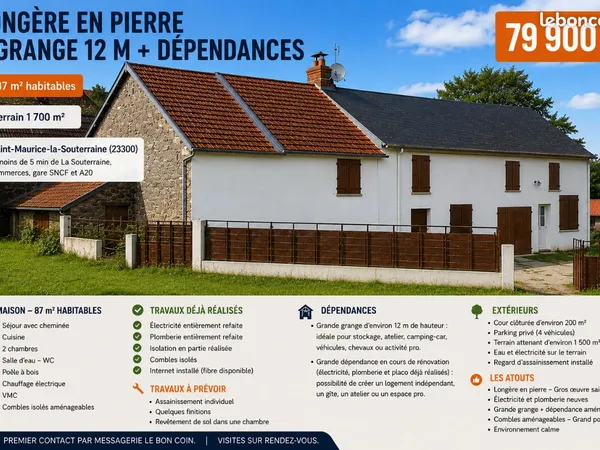 Longère en pierre + Grange 12 m + Dépendances - 87 m² - Terrain 1 700 m² - 79 900