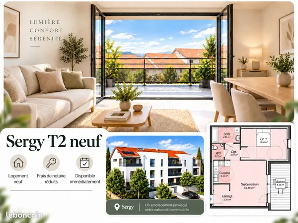 F2 49m² de 2023 - Frais de notaire offerts - Vue village & clocher - Sergy