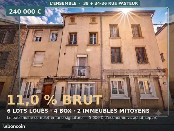 2 immeubles · 6 lots loués · 4 box · 11% · 240 000
