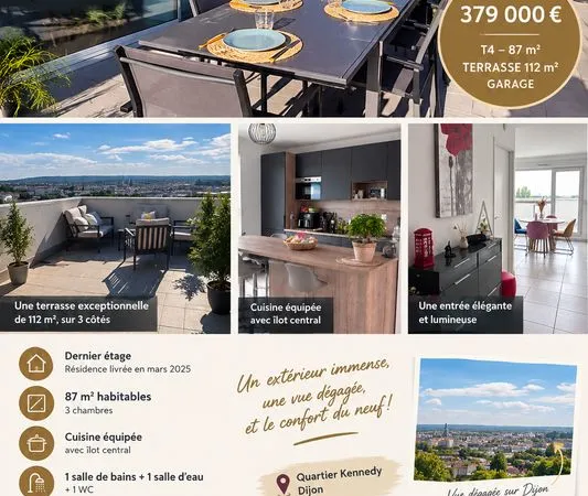 DIJON - KENNEDY | DERNIER ÉTAGE | T4 87 m² | TERRASSE 112 m² | VUE DÉGAGÉE | GARAGE