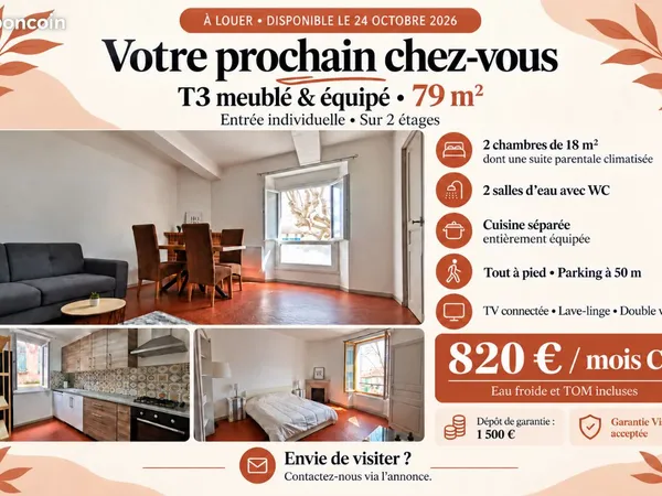 Appartement t3 équipé climatisé