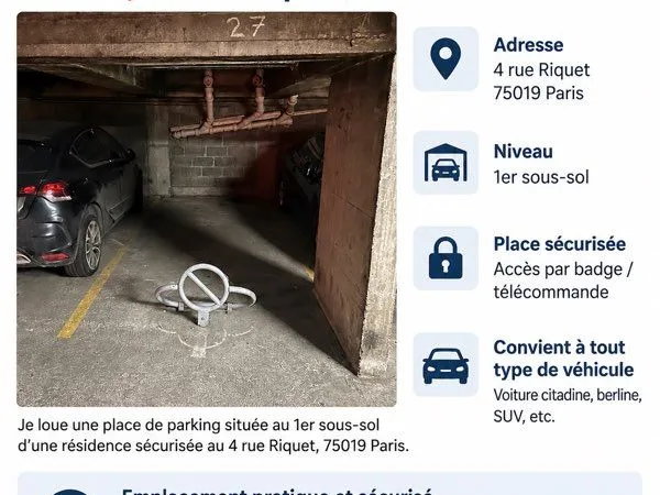 À louer - Place de parking Paris 19e Riquet