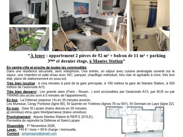 Appartement 2 pièces de 52 m² + balcon 11m² + parking
