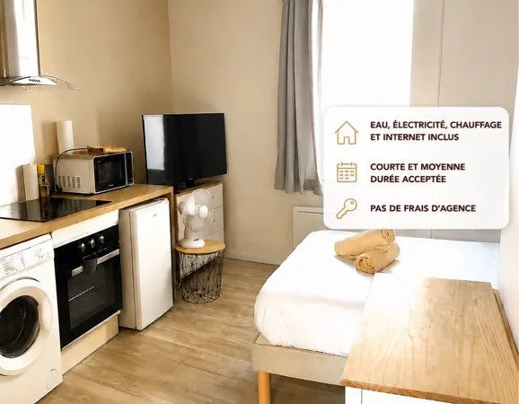 Studio T1 meublé 21 m² - tout équipé avec terrasse GARE/CHATEAUVERT internet/eau/chauffage/électrici