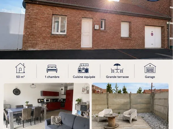 Maison T2 50m² de plain-pied - 1 chambre, garage, terrasse 25m² sans vis-à-vis