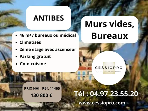 Antibes, murs vides 46m2, bureaux ou médical, climatisés, 2éme étage, ascenseur et parking gratuit.