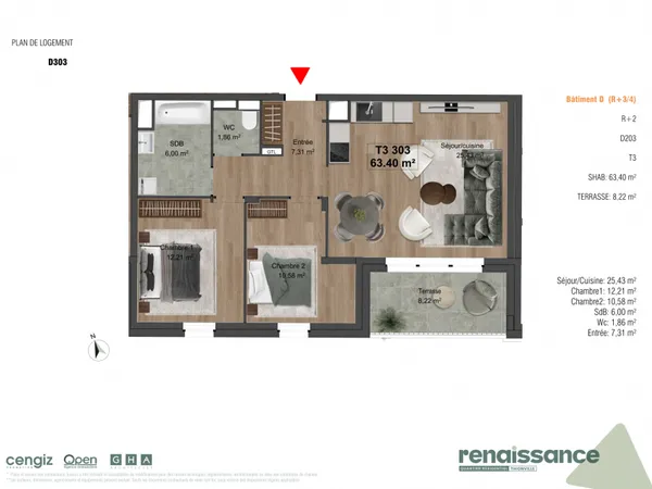 Appartement 3 pièces 63 m²