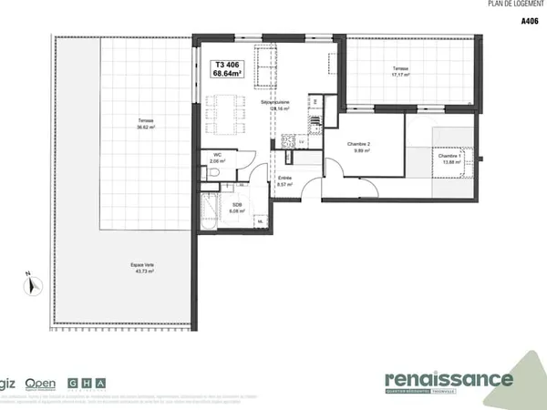 Résidence RENAISSANCE Appartement F3 neuf Lot A406