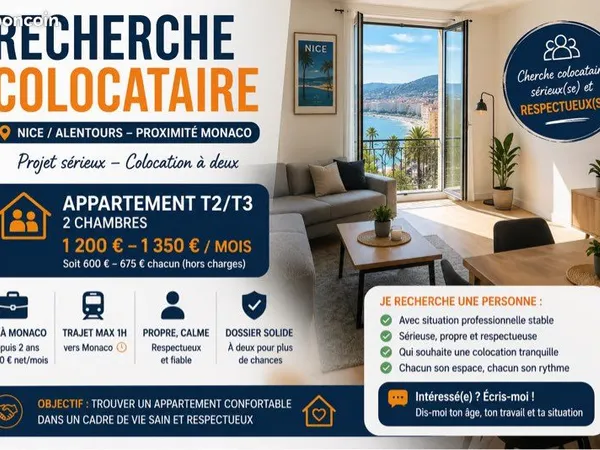 Recherche colocataire - Nice / alentours - proche Monaco
