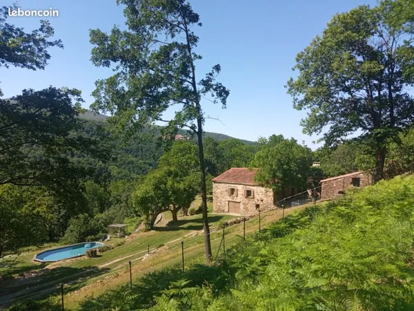 2 mas du XVIII°, renovés, en pierre, sur 17 hectares de pres et bois, avec piscine, face au village 