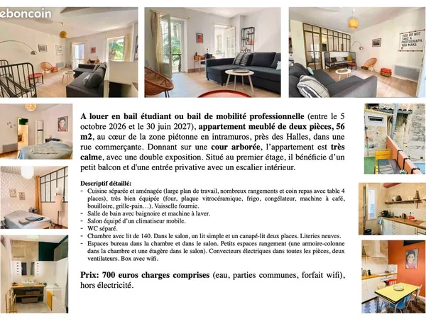 A louer Avignon vieux centre (proche Halles), 2 pièces, 56 m2 (+petit balcon), 700 euros cc