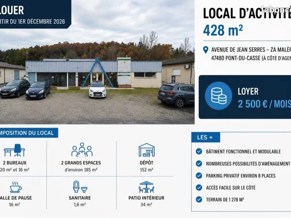 Local d'activités 428 m² à louer - Bureaux + Dépôt + Parking - Pont-du-Casse (Agen)