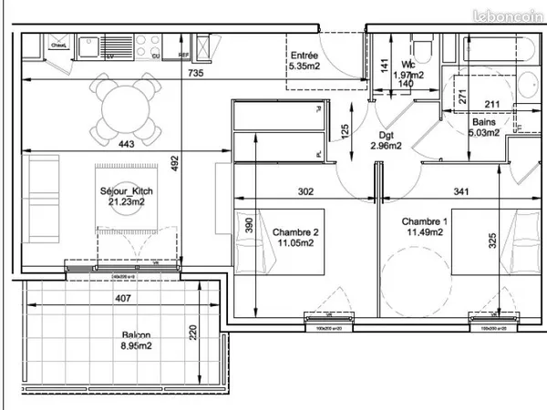Appartement 3 pièces 59 m²