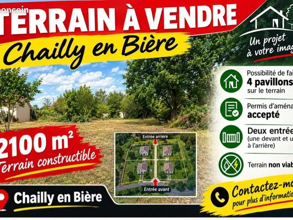 Terrain constructible 2100 m², non viabilisé avec permis d'aménagement, possibilité de faire quatre 
