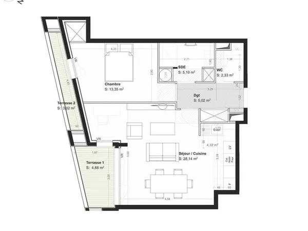 Appartement 2 pièces 54 m²
