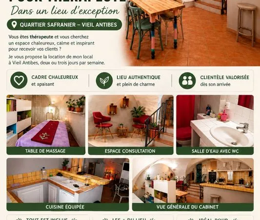 Location d un local 30 M2 pour thérapeute 2 ou 3 jours par semaine, vieil antibes