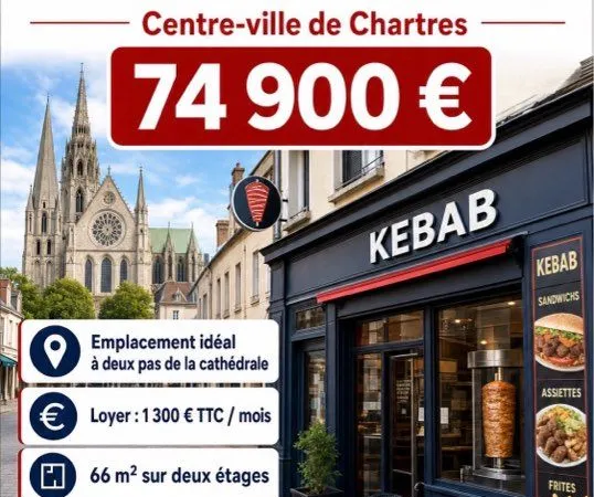 Fonds de commerce restaurant kebab, hyper-centre de Chartres, T2 inclus, 74 900