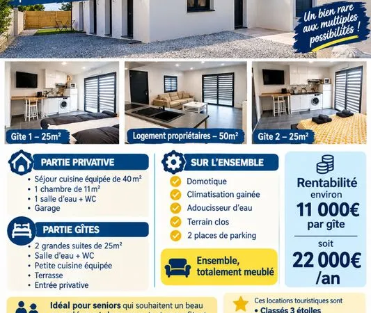 À vendre, villa plain pied aménagée avec 2 gîtes et 1 logement, 10min des plages de Valras