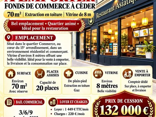 Restauration, restauration rapide 70 m² Paris