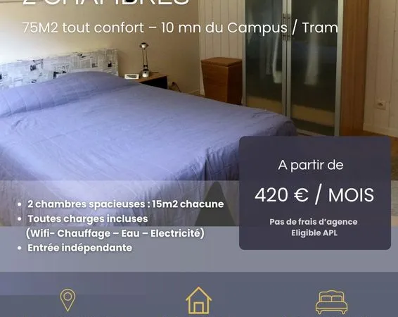 Colocation 75m2 2ch - 10 mn Dijon Université Parc des sports