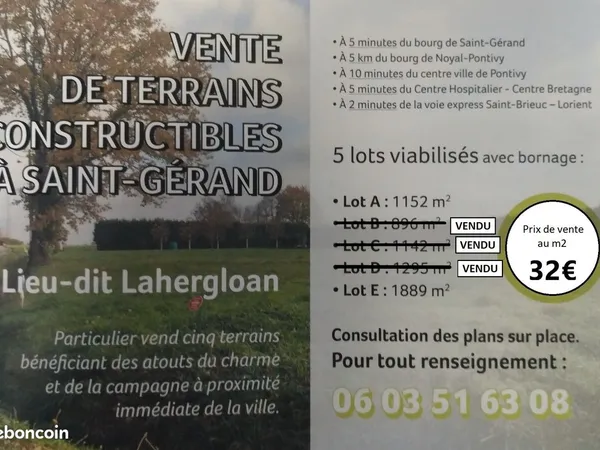 Terrain constructible 32euros/m2 à Saint-Gérand (56)