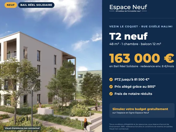 T2 neuf 48 m2 balcon 12 m2 BRS + PTZ Vezin le Coquet R