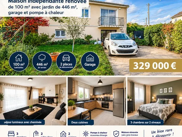 COUBRON - Maison indépendante rénovée de 100 m² avec jardin de 446 m², garage et pompe à chaleur