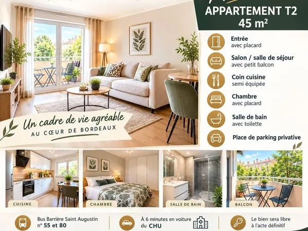 BORDEAUX SAINT AUGUSTIN APPARTEMENT T2 47M2 AVEC PARKING