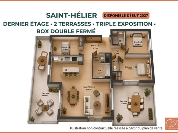TYPE 4 de 98m² - DERNIER ETAGE - 2 TERRASSES DE 20m² CHACUNE - BOX DOUBLE FERME EN SOUS SOL -TRIPLE 