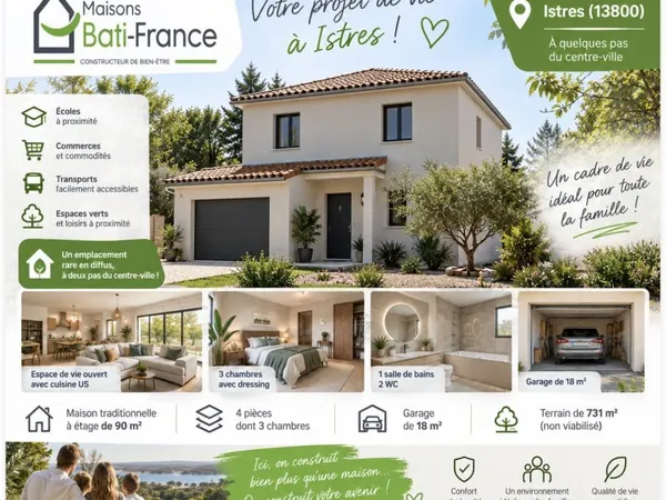 Maison neuve à étage 90 m² avec garage sur terrain de 731 m² à Istres proche centre-ville