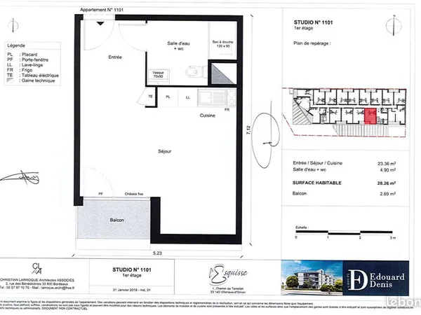 Studio 1 pièce 28 m²
