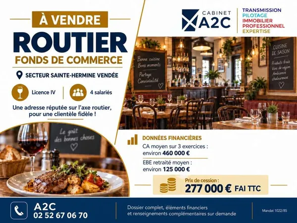 A vendre FDC restaurant bar sur Sainte Hermine