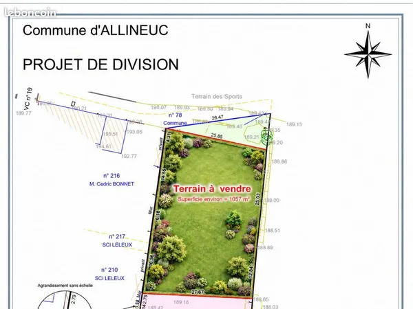 Terrain 1 057 m² Allineuc