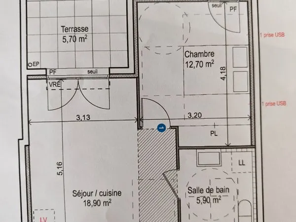 T2 5eme étage 38m2 avec terrasse 6m2