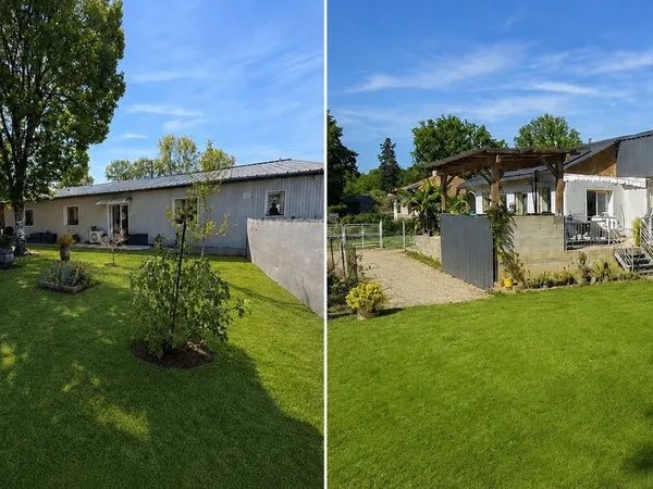 Maison avec terrain 3 chambres 1 bureau deux garages piscine et étang