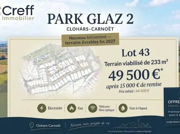 Terrain à bâtir viabilisé de 233 m2 au bourg de CLOHARS-CARNOËT