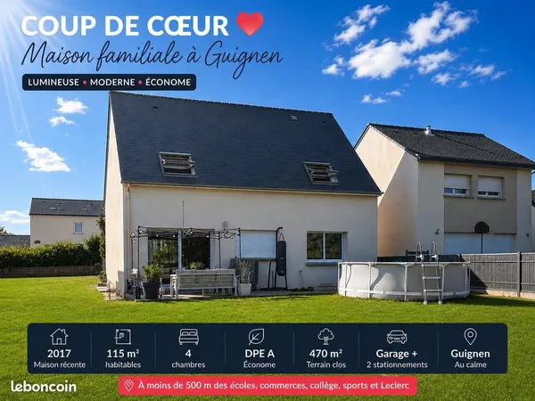 ❤️ COUP DE CŒUR - Maison familiale 4 chambres - 112 m² - DPE A - Guignen - terrasse exposée Sud/est