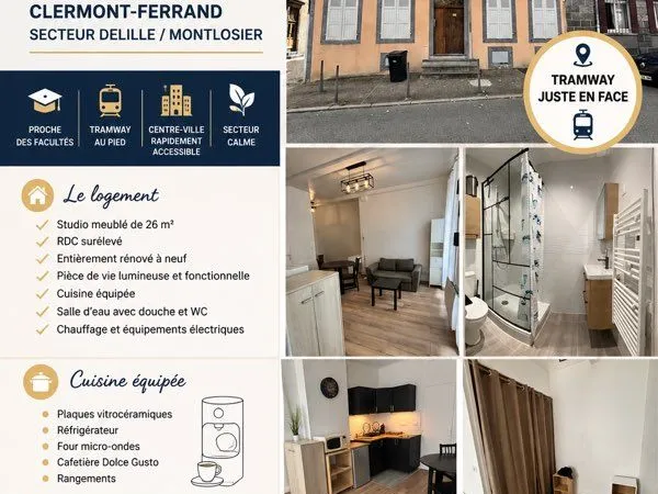 STUDIO MEUBLÉ 26 m² RÉNOVÉ - CLERMONT-FERRAND - DELILLE MONTLOSIER - TRAM AU PIED