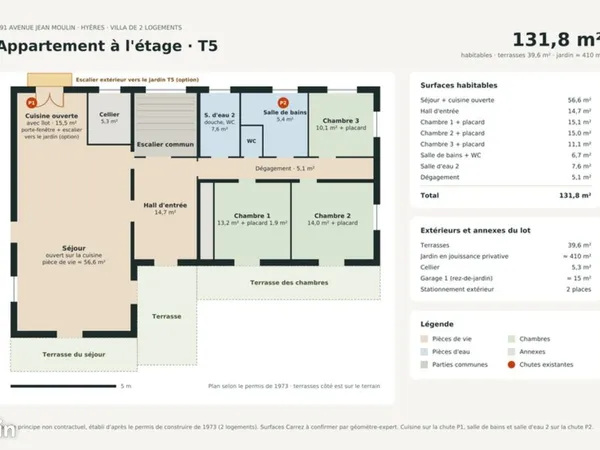 T5 À L'ÉTAGE 132 m², TERRASSES 40 m², JARDIN 410 m², GARAGE + PARKING AVEC ABRI COUVERT